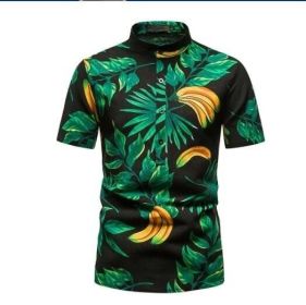 Men's Hawaiian Henley Collar Beach Short Sleeve Shirt (Color: Green 02, size: XL)