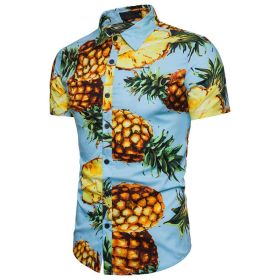 Men Slim Fit Floral Print Short Sleeve Button Down Beach Hawaiian Shirt (Color: Blue, size: M)