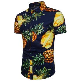 Men Slim Fit Floral Print Short Sleeve Button Down Beach Hawaiian Shirt (Color: Navy, size: XL)