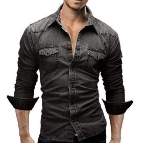 Men's Shirts Cowboy Cut Western Two Pocket Long Sleeve Snap Workshirt (Color: Black, size: M)