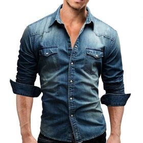 Men's Shirts Cowboy Cut Western Two Pocket Long Sleeve Snap Workshirt (Color: Blue, size: 2XL)