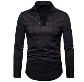 Lace Up Long Sleeve Casual Shirt (Color: Black, size: L)