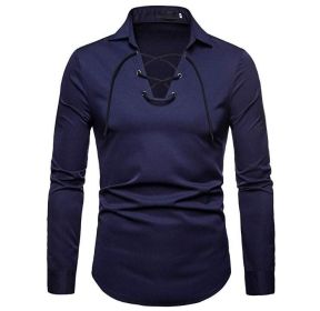 Lace Up Long Sleeve Casual Shirt (Color: Navy, size: S)