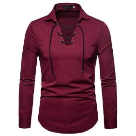 Lace Up Long Sleeve Casual Shirt (Color: Red, size: L)