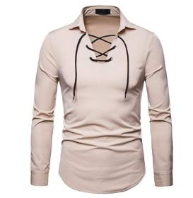 Lace Up Long Sleeve Casual Shirt (Color: Brown, size: XL)