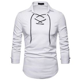 Lace Up Long Sleeve Casual Shirt (Color: White, size: M)