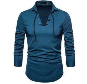 Lace Up Long Sleeve Casual Shirt (Color: Blue, size: L)