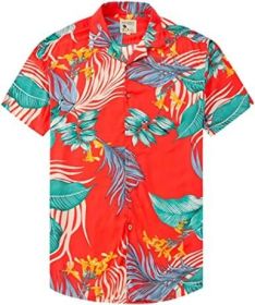 Men's Fashion Printed Shirts Casual Trendy T-Shirts Short Sleeve Lapel Hawaiian Style Shirts (Color: ORANGE-XL)