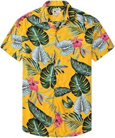 Men's Fashion Printed Shirts Casual Trendy T-Shirts Short Sleeve Lapel Hawaiian Style Shirts (Color: Yellow-XXL)