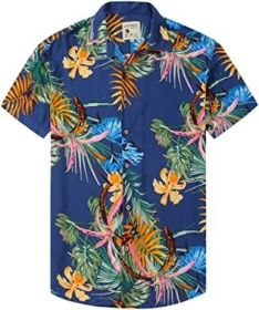 Men's Fashion Printed Shirts Casual Trendy T-Shirts Short Sleeve Lapel Hawaiian Style Shirts (Color: Navy blue-M)