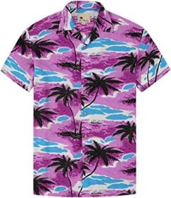 Men's Fashion Printed Shirts Casual Trendy T-Shirts Short Sleeve Lapel Hawaiian Style Shirts (Color: Purple-XL)