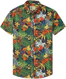 Men's Fashion Printed Shirts Casual Trendy T-Shirts Short Sleeve Lapel Hawaiian Style Shirts (Color: Cyan-XL)