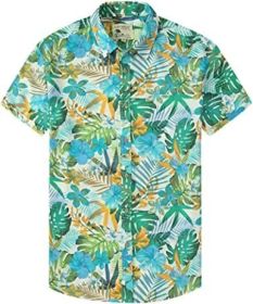 Men's Fashion Printed Shirts Casual Trendy T-Shirts Short Sleeve Lapel Hawaiian Style Shirts (Color: Green-S)