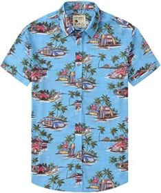 Men's Fashion Printed Shirts Casual Trendy T-Shirts Short Sleeve Lapel Hawaiian Style Shirts (Color: Blue01-L)