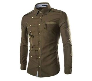 Men's Multi Zipper Pockets Long Sleeve Button Down Slim Fit Dress Shirts (Color: Green, size: S)