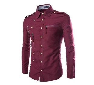 Men's Multi Zipper Pockets Long Sleeve Button Down Slim Fit Dress Shirts (Color: Red, size: S)