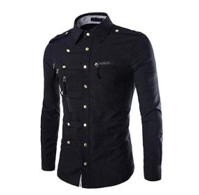 Men's Multi Zipper Pockets Long Sleeve Button Down Slim Fit Dress Shirts (Color: Black, size: M)