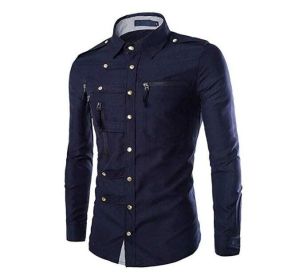 Men's Multi Zipper Pockets Long Sleeve Button Down Slim Fit Dress Shirts (Color: Navy  Blue, size: XS)