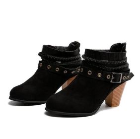 Belt Buckle Thick Heel Martin Boots (Color: Black, size: US-8.5)