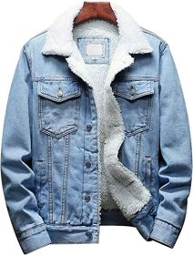 Men's Lapel Sherpa Fleece Lined Thicken Denim Jean Trucker Jacket Coats (size: 3XL)