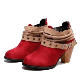 Belt Buckle Thick Heel Martin Boots (Color: Red, size: US-9)