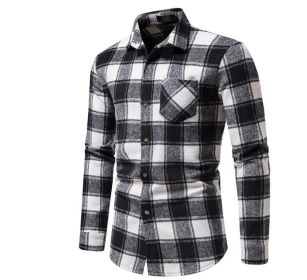 Men's Flannel Plaid Long Sleeve Shirt (Color: Black, size: M)