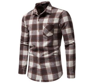 Men's Flannel Plaid Long Sleeve Shirt (Color: Brown, size: S)