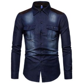 Men's Denim Shirt Button Down Long Sleeve Work Shirt (Color: Dark Blue, size: M)