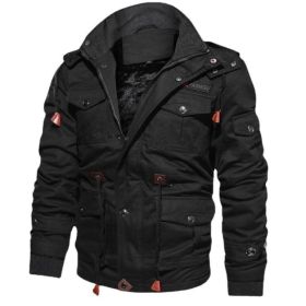 Men Stand Collar Zipper Fleece Jacket Outwear (Color: Black, size: S)