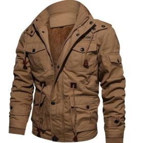 Men Stand Collar Zipper Fleece Jacket Outwear (Color: Brown, size: XL)