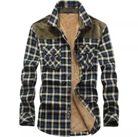 Men's Casual Long Sleeve Fleece Sherpa Flannel Plaid Shirt (Color: Green, size: L)