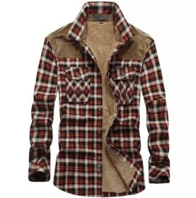 Men's Casual Long Sleeve Fleece Sherpa Flannel Plaid Shirt (Color: Red, size: S)