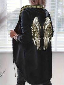 Wings Sequin Hooded Jacket, Open Front Casual Jacket For Spring & Fall, Women's Clothing (Color: Black, size: S(4))