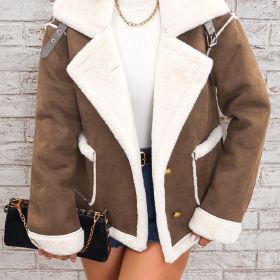 Lapel Plush Jacket, Winter Warm Casual Outwear, Women's Clothing (Color: Coffee, size: XL(12))