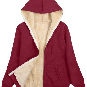 Fuzzy Hooded Jacket, Casual Zip Up Drawstring Long Sleeve Solid Outerwear, Women's Clothing (Color: Burgundy, size: L(8/10))