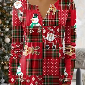 Plus Size Christmas Blouse, Women's Plus Colorblock Santa Claus & Snowman Print Long Sleeve Notched Neck Slight Stretch Henley Shirt (Color: Red, size: 2XL(16))