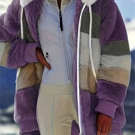 Color Block Fuzzy Hooded Coat, Casual Long Sleeve Winter Warm Outerwear, Women's Clothing (Color: purple, size: M(6))