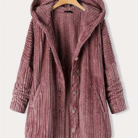 Plus Size Hoodie Fleece Liner Button Front Coat; Women's Plus Warm Winter Casual Faux Fur Coat (Color: Burgundy, size: 2XL(16))