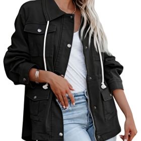 Button Solid Jacket With Pockets; Long Sleeve Casual Every Day Top For Spring & Fall; Women's Clothing (Color: Black, size: L(8/10))