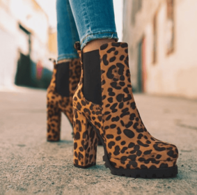 New women's round head leopard print autumn and winter thick heel low boots sleeve Martin boots women (Color: Leopard print, size: 42)