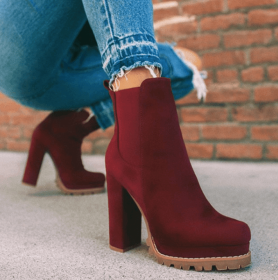 New women's round head leopard print autumn and winter thick heel low boots sleeve Martin boots women (Color: Wine Red, size: 43)