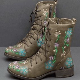 Women's Doc Martens autumn and winter flat thick heel lace-up ankle boots embroidered women's boots (Color: Green, size: 43)