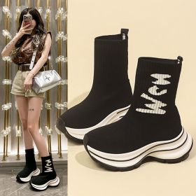 Autumn women's new high-top elastic skinny socks boots platform knit elastic boots short boots (Color: Black, size: 40)