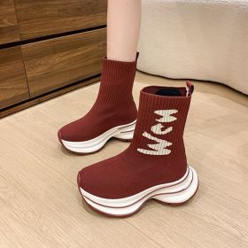 Autumn women's new high-top elastic skinny socks boots platform knit elastic boots short boots (Color: Red, size: 35)