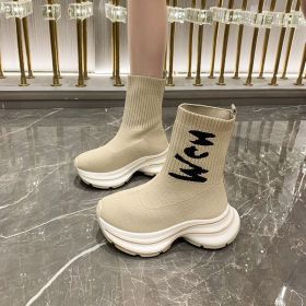 Autumn women's new high-top elastic skinny socks boots platform knit elastic boots short boots (Color: Khaki, size: 36)