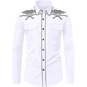 Mens Western Cowboy Shirt Casual Button Down Long Sleeve Embroidered Shirts (Color: White, size: M)