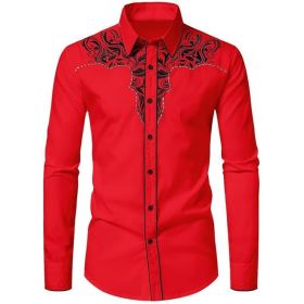 Mens Western Cowboy Shirt Casual Button Down Long Sleeve Embroidered Shirts (Color: Red, size: 3XL)