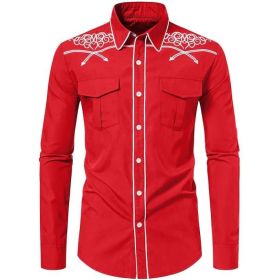 Mens Western Cowboy Shirt Casual Button Down Long Sleeve Embroidered Shirts (Color: Red1, size: XL)