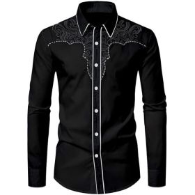 Mens Western Cowboy Shirt Casual Button Down Long Sleeve Embroidered Shirts (Color: Black2, size: M)