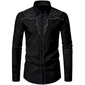 Mens Western Cowboy Shirt Casual Button Down Long Sleeve Embroidered Shirts (Color: Black1, size: 3XL)